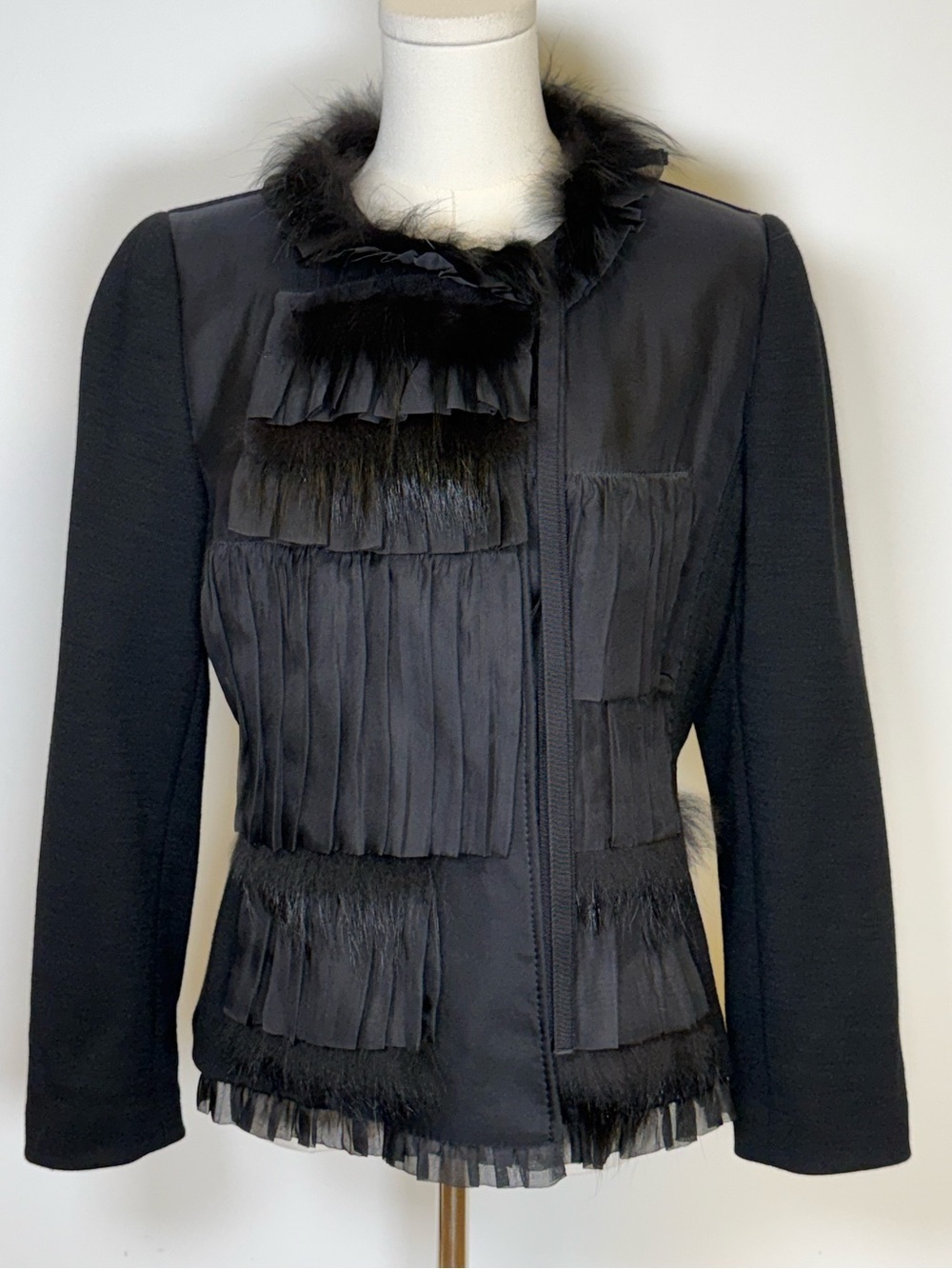 Rare! Vintage Elie TAHARI Silk & Wool Jacket Fox Fur Trim Women’s Size Medium - Picture 3 of 14